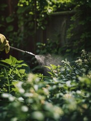 Obraz premium A person is spraying a garden with a hose. The garden is full of green plants and flowers