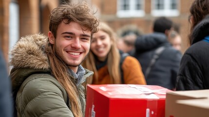 A man with long hair is smiling and holding a red box
