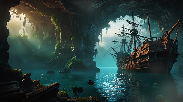 Abandoned pirate ship in a cave. Seamless looping 4k video animation