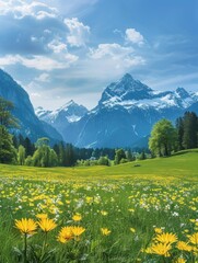 Fototapeta premium A beautiful mountain landscape with a field of yellow flowers. The sky is clear and the sun is shining brightly. Scene is peaceful and serene, with the mountains