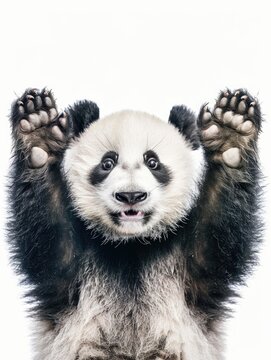 A baby panda is standing on its hind legs and waving its paws. Concept of playfulness and curiosity, as the baby panda seems to be excited and eager to interact with its surroundings