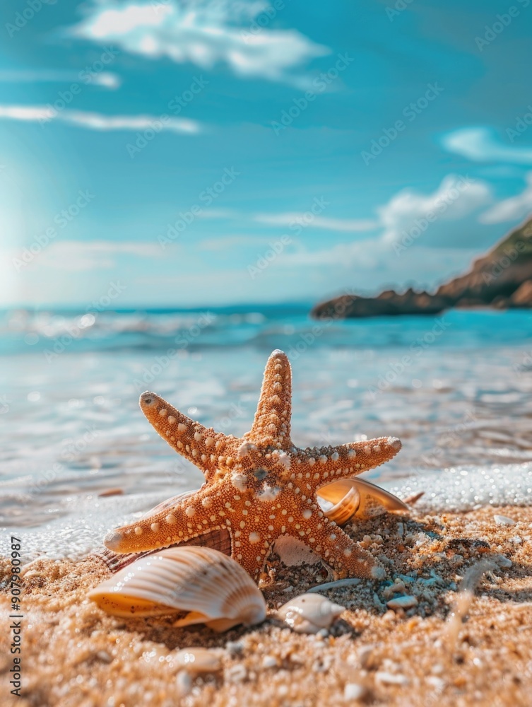 Poster a starfish is laying on the sand next to a shell. the scene is peaceful and serene, with the starfis