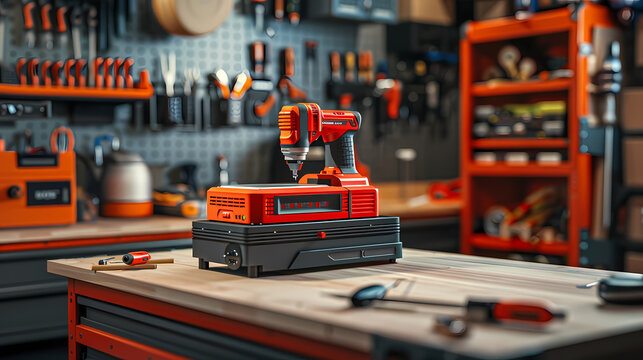 A red and black power drill sits on a workbench in a workshop. It is plugged into a charging station with a red digital display. The workshop is filled with tools and other equipment, creating a sense