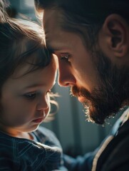 A man and a child are looking at each other. The man is wearing a beard and the child is wearing a shirt