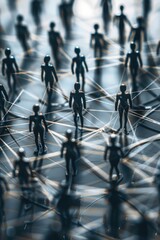 A group of people are connected by a web of lines. The people are small and black. Concept of interconnectedness and unity among the people