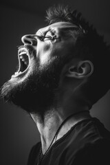 A man with a beard is screaming. The image is in black and white. The man's face is the main focus of the image