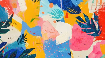 Bright colors and abstract patterns create a playful, energetic background.