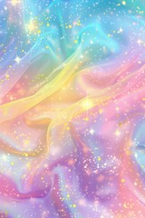 A colorful, starry background with a rainbow-colored fabric. The fabric is decorated with stars and has a glittery, shiny appearance