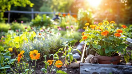 A garden with a variety of flowers and plants, including a potted orange flower