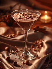 A martini glass filled with chocolate and nuts is on a table. The glass is half full and the drink is garnished with nuts. The scene is set in a cozy and intimate atmosphere