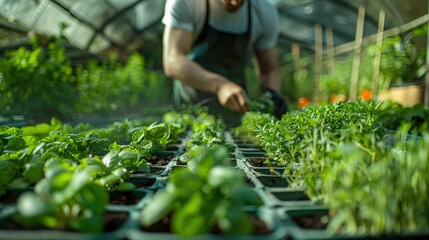 A greenhouse filled with a variety of organic herbs and vegetables, with the farmer inside, meticulously caring for each plant. The controlled environment allows for year-round cultivation and