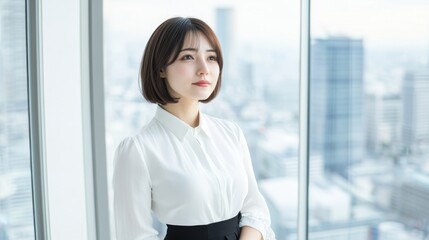 Young professional woman in a modern office, looking out the window with cityscape view. Represents confidence, ambition, and career development.