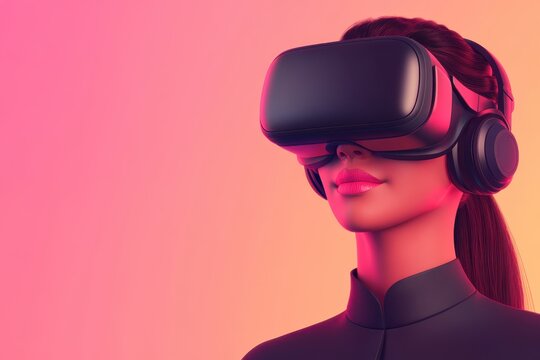 Woman wearing virtual reality headset experiencing immersive technology in a vibrant pink background.