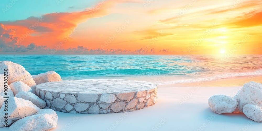 Canvas Prints Stone Platform On A Sandy Beach With A Sunset Ocean View