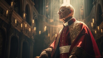 Fototapeta premium Roman Catholic Cardinal in Vatican Surrounded by God Rays and Ornate Stained Glass