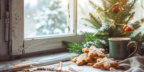 Ginger cookies under a green tree near a mug and winter window festive christmas ambiance Homemade spiced sweet gingerbread biscuits or crunchy cookies christmas baubles for new year celebration