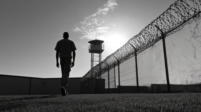 A silhouette of a prisoner walking away from a prison fence, symbolizing hope, release, redemption, second chances, and a new beginning.