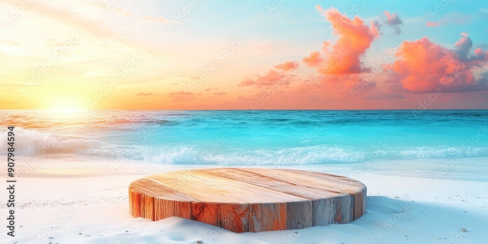 Sticker Wooden Platform on a Beach at Sunset