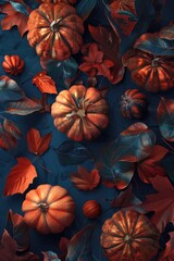 Fototapeta premium A colorful image of pumpkins and leaves on a blue background. Scene is warm and inviting, with the bright colors of the pumpkins and leaves creating a sense of autumn