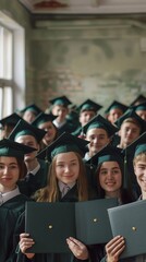 Obraz premium Happy Graduates Smiling at Camera in Caps and Gowns During Graduation Ceremony
