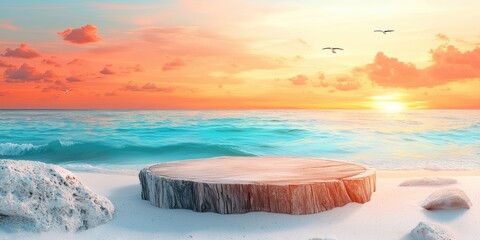 Naklejka premium Wooden Stump Platform on a Sandy Beach at Sunset