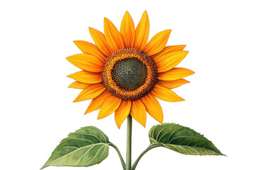 Obraz premium Vibrant sunflower with yellow petals and green leaves, symbolizing warmth and positivity in nature.