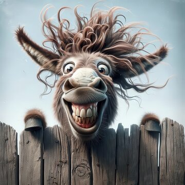 A comical donkey sticks its head above a wooden fence grinning widely with messy hair flying in all directions 