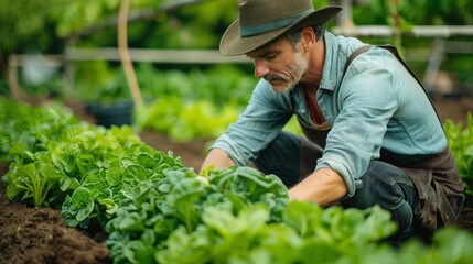 The farmer kneels by a row of leafy greens, inspecting for pests and ensuring the health of the plants. The dedication to maintaining a pest-free environment without chemicals is evident in their