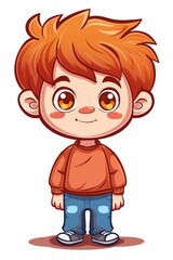 A cartoon boy with a smile on his face. He is wearing an orange shirt and blue jeans
