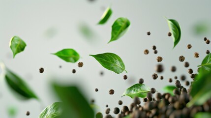 Fresh green basil leaves and black peppercorns suspended in the air on a light background