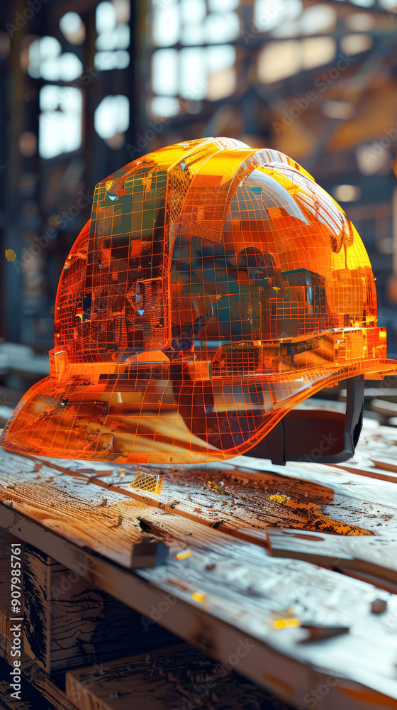 Wall mural Futuristic construction helmet on a wooden table in workshop