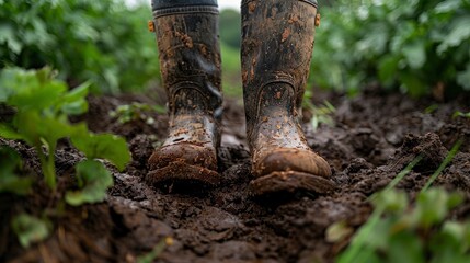 Fototapeta premium A close-up of the farmer's boots covered in mud, emphasizing the hard work and dedication required to maintain the farm. The rough texture and earthy colors capture the essence of life on an organic
