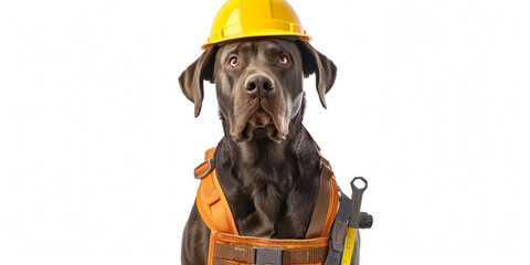 Labrador dog in hard hat and work vest with tools
