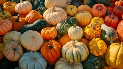 A vibrant assortment of pumpkins in various colors and shapes is piled together, reflecting the warmth and richness of autumn.