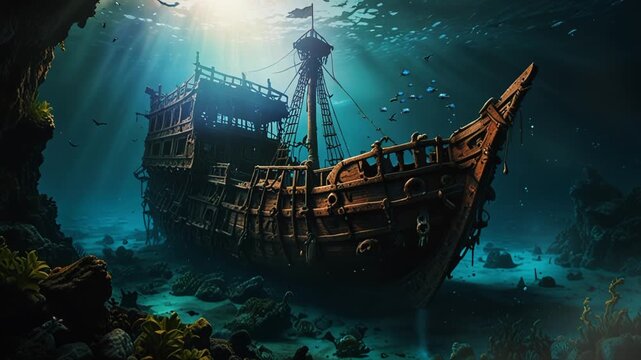 A pirate ship sunk at the bottom of the sea. Seamless looping 4k video animation
