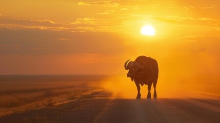 Naklejka premium A solitary buffalo walks down a dusty road under a vibrant sunset, with warm hues illuminating the landscape and creating a serene atmosphere.