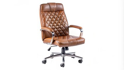 Fototapeta premium Brown Leather Office Chair with Chrome Base and Arms