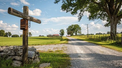 A rustic farmhouse mailbox at the end of a long gravel driveway, with a tractor in the field and a barn in the background, capturing the essence of country life.