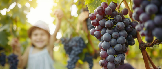 A joyful child in a vineyard, surrounded by lush grape clusters, capturing the essence of harvest and nature's beauty.