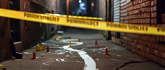 A dark alley marked by police tape, evidence markers, and chalk outlines, creating an atmosphere of mystery and tension.