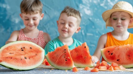 Three joyful children enjoying fresh watermelon slices in a bright, cheerful setting during summer.