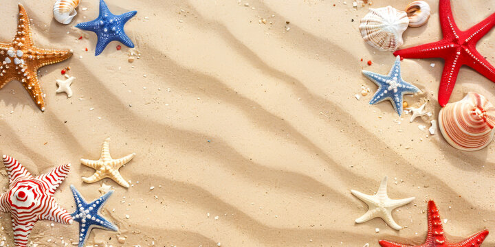 Colorful starfish and seashells on wavy sand background