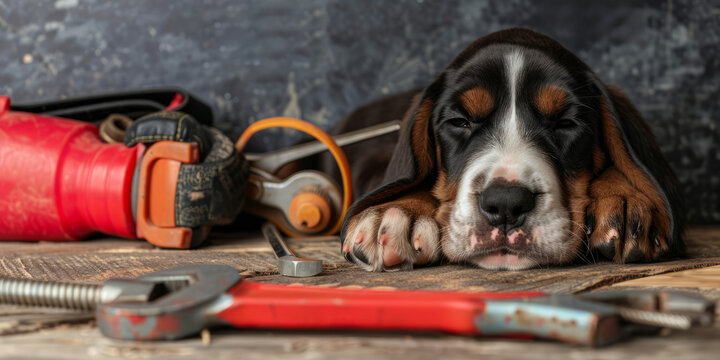 Sleeping puppy with tools in workshop