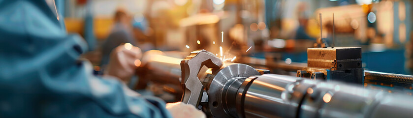 Close-up of a worker using a wrench on machinery, showcasing precision and craftsmanship in a manufacturing environment.