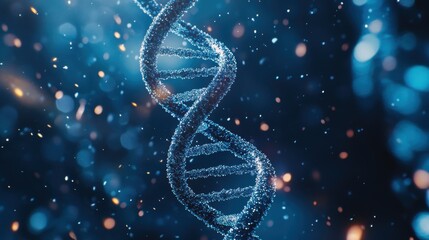 Close-Up Photomicrograph of DNA Helix with Sparkling Particles in Cosmic Blue Background