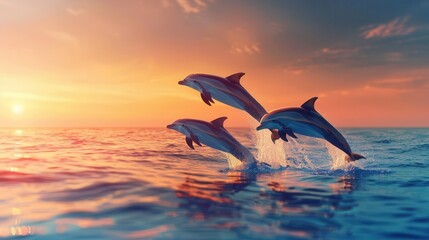 A group of dolphins leaping out of the ocean at sunset, with a glowing horizon, Realism, Warm hues, High resolution