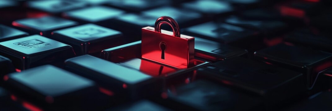 A red padlock sits on a dark blue keyboard, symbolizing data security, online protection, cyber safety, privacy, and digital security.