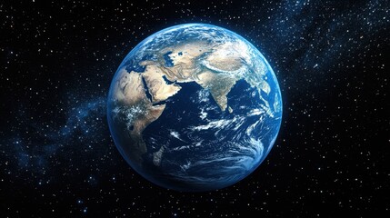 Stunning 3D render of planet Earth viewed from space, showing detailed continents and oceans with a starry background.