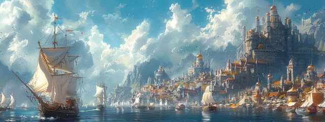 A Dungeons and Dragons illustration for: Aaqa is a large floating island that serves as the bustling city.