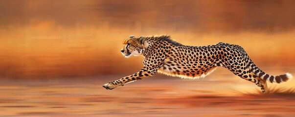 Obraz premium A realistic painting of a cheetah running at full speed across a savannah, Realism, Warm colors, High resolution